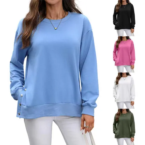 Damen Casual Einfarbig Bio-Baumwollmischung Sweatshirt Rundhalsausschnitt Langarm Seitenschlitz Knopfdetail Pullover Sweatshirt Top