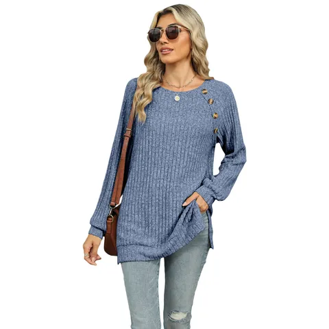 Women's Casual Organic Cotton Polyester Ribbed Knit Long Sleeve Top With Raglan Sleeve Side Slit Button Decoration Top