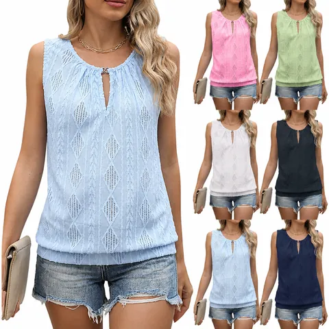 Damen Jacquard Ärmelloses Top V-Ausschnitt Metallschnalle T-Shirt Viskose Polyester Ajouré Tanktop Lässig Streetwear Sommer Top