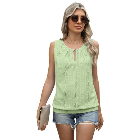 Damen Jacquard Ärmelloses Top V-Ausschnitt Metallschnalle T-Shirt Viskose Polyester Ajouré Tanktop Lässig Streetwear Sommer Top