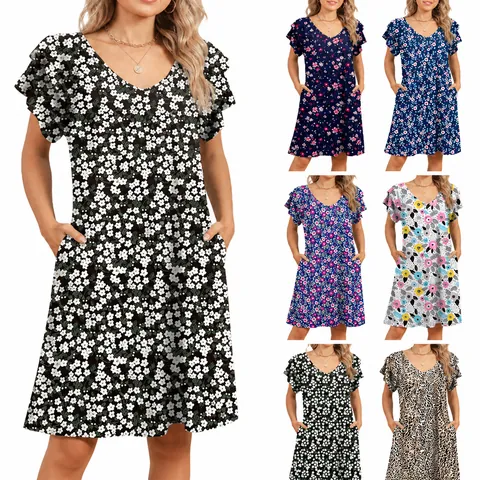 Dames V-Hals Rimpelmouw Bloemenprint Jurk Casual A-Lijn Zomervakantie Jurk Met Zakken Bovenkant En Onderkant