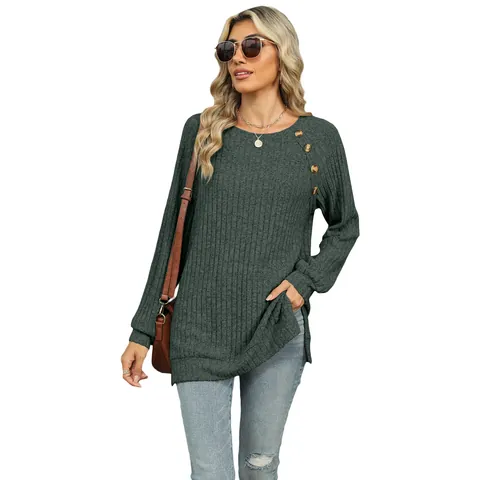 Dames Casual Lange Mouwen Geribbelde Gebreide T-Shirt Ronde Hals Raglanmouw Knoop Decoratie Zijsplit Herfst Losse Top