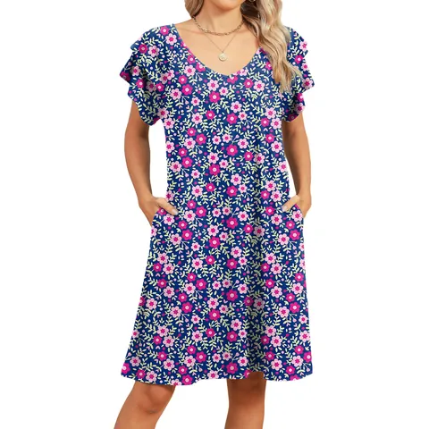 Dames V-Hals Rimpelmouw Bloemenprint Jurk Casual A-Lijn Zomervakantie Jurk Met Zakken Bovenkant En Onderkant
