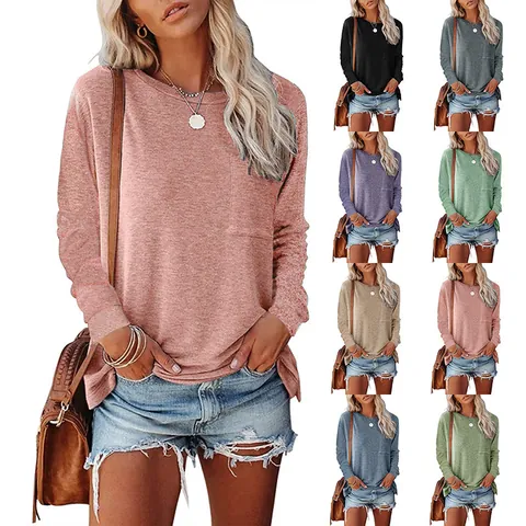 Women's Casual Long Sleeve T-Shirt Crewneck Pocket Side Slit Loose Tunic Top Rayon Polyester Plain Soft Fall Clothing