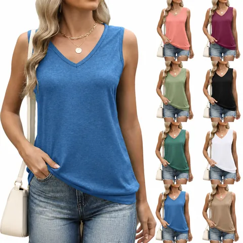 Women's Casual V-Neck Sleeveless Tank Top Rayon Polyester Spandex Loose Fit Solid Color Summer Breathable Sleeveless T-Shirt Top