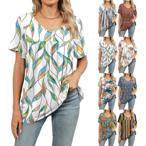 Camiseta Informal con Cuello en V para Mujer Top Holgado de Manga Corta Verano de Algodón Orgánico Floral Rayado Plisado