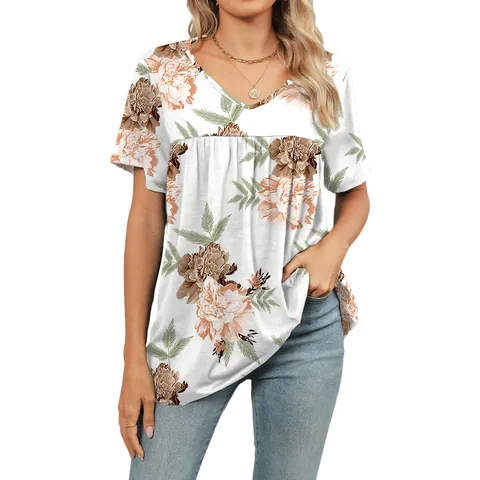Camiseta Informal con Cuello en V para Mujer Top Holgado de Manga Corta Verano de Algodón Orgánico Floral Rayado Plisado