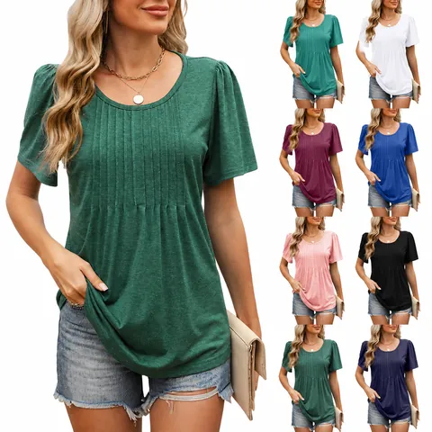 Dames Pintuck Geplooid T-Shirt Ronde Hals Korte Mouw Losse Pasvorm Effen Kleur Katoen Polyester Casual Mode Top