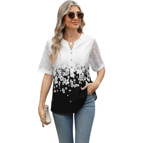 Women Casual V Neck Printed Chiffon Blouse Patchwork Lace Short Sleeve Button Gradient Floral Blouse Top For Summer