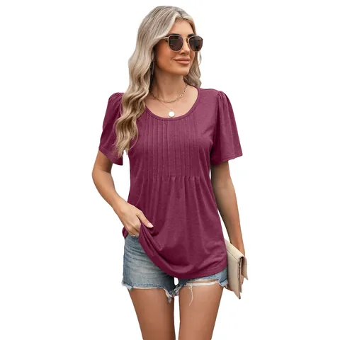 Dames Pintuck Geplooid T-Shirt Ronde Hals Korte Mouw Losse Pasvorm Effen Kleur Katoen Polyester Casual Mode Top
