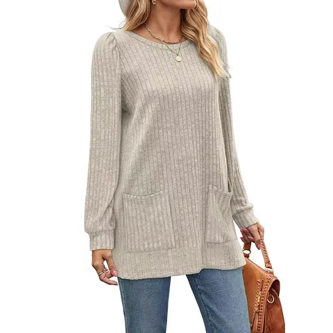 Dames Casual Geribd T-Shirt Pofmouw Lange Mouw Top Ruime Pullover Met Zakken Herfst Winter Rayon Polyester Tuniek