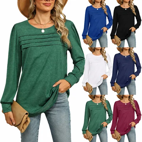 Dames Casual Viscose U-hals Geplooid Lange Mouw T-Shirt Effen Kleur Patchwork Top Voor Herfst Winter Streetwear Dagelijks