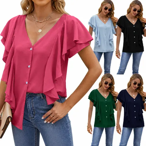 Women V Neck Butterfly Sleeve Blouse Single Breasted Ruffle Shirt Summer Casual Polyester Top Elegant Loose Fit Clothing