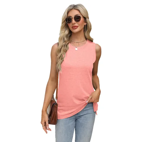 Dames Mouwloze Tanktop Ronde Hals Ruime Pasvorm Zomer Casual T-Shirt Met Zijsplit Zacht Vest Top