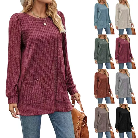 Dames Casual Geribd T-Shirt Pofmouw Lange Mouw Top Ruime Pullover Met Zakken Herfst Winter Rayon Polyester Tuniek
