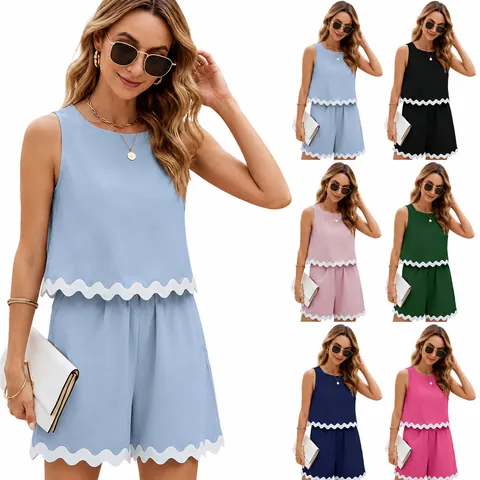 Dames Casual Schulpwiel Shorts Top And Bottom Zomer Twee Delige Outfit Polyester Effen Kleur Strandvakantie Streetwear