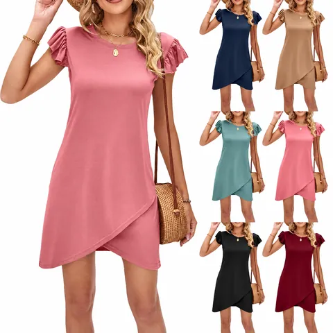 Women Summer Ruffle Sleeve Wrap Bodycon Mini Dress Round Neck Casual Solid Color Polyester Rayon Fashion Streetwear Short Dress