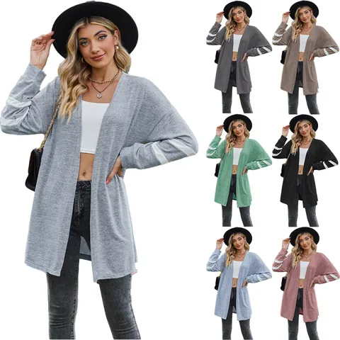Women Long Sleeve Color Block Knit Cardigan Open Front Spliced Stripe Sweater Jacket Loose Casual Soft Polyester Outwear Top