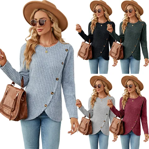 Dames Casual Ronde Hals Lange Mouw T-Shirt Geborsteld Rayon Mix Tulpenzoom Top Met Decoratieve Knopen Herfst Winter Basic Shirt