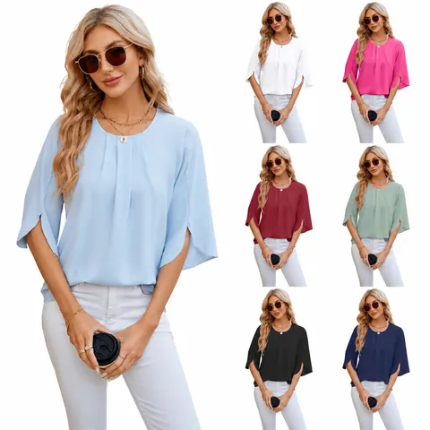Dames Effen Kleur Chiffon Blouse Ronde Hals Geplooide Zomer Casual Losse Top Met Gespleten Halflange Mouwen