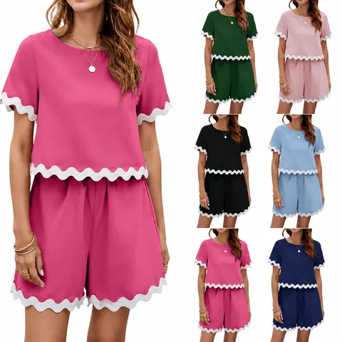 Dames Casual Korte Mouw Top And Bottom Schulprand Shorts Tweedelig Pak Effen Kleur Polyester Loungewear
