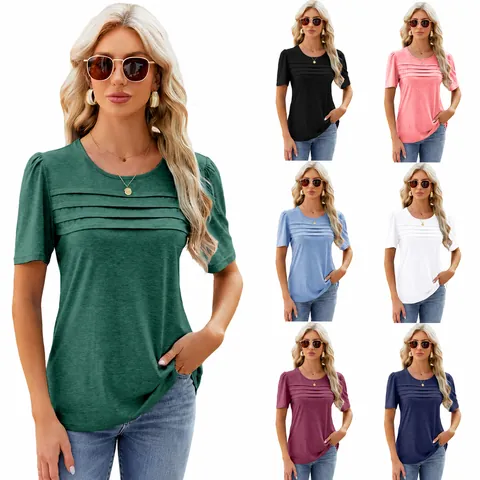 Camiseta Casual para Mujer Color Sólido Cuello en U Fruncida Manga Corta Abullonada Mezcla Algodón Poliéster Top Largo Medio Streetwear Diario