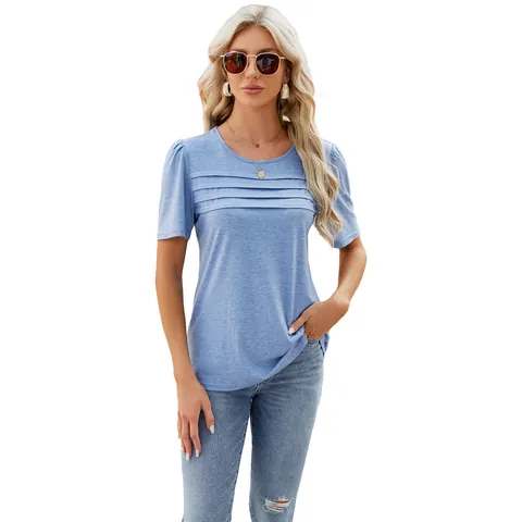 Camiseta Casual para Mujer Color Sólido Cuello en U Fruncida Manga Corta Abullonada Mezcla Algodón Poliéster Top Largo Medio Streetwear Diario