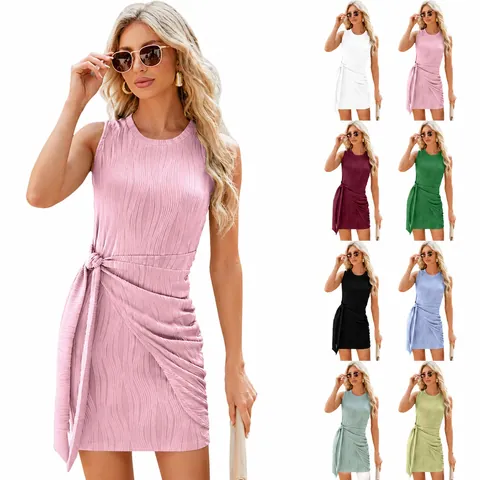 Women Sexy Sleeveless Crew Neck Ruched Knit Mini Dress Summer Casual Ribbed Waist Tie Bodycon Dress Solid Color Party Sun Dress