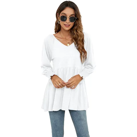 Top da Donna Casual Scollo a V Maniche a Sbuffo Peplo Tinta Unita Vita Arricciata Maglietta Elegante Streetwear Moda Blusa
