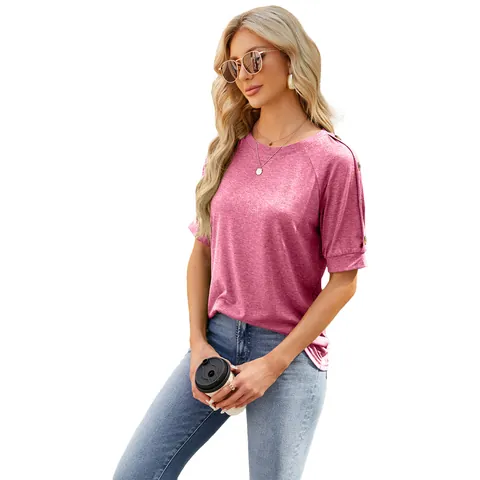 Dames Casual Raglanmouwen T-Shirt Ronde Hals Korte Mouw Top Met Knoopdetails Effen Kleur Basic Zomer Mode Tee