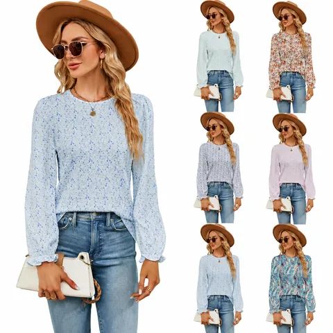Dames Casual Bloemenprint Ronde Hals Lange Mouw Top Ruime Pasvorm Pofmouwen Rayon Polyester Spandex T-Shirt Herfst Mode