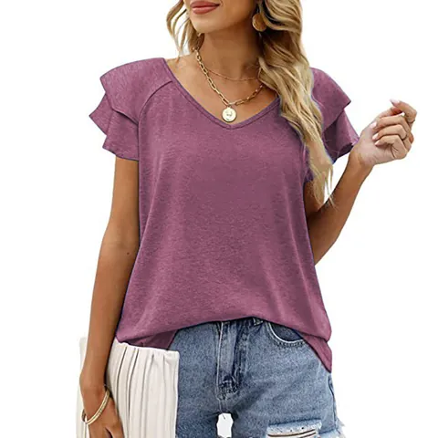 Women Summer V Neck T-Shirt Double Layer Ruffle Sleeve Top Casual Loose Solid Color Rayon Polyester Spandex Flutter Sleeve Tee