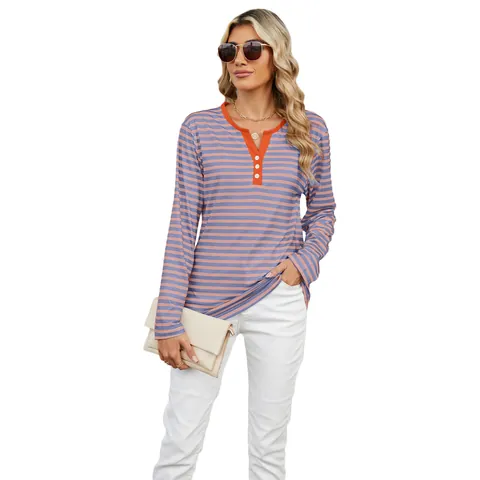 Dames Casual Contrast V-hals Gestreepte Lange Mouwen T-Shirt Losse Pasvorm Henley Knoop Rayon Polyester Top