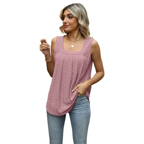 Women Sleeveless Tank Top Polyester Square Neck Pleated Eyelet Embroidered Swallowtail Hem Casual Loose T-Shirt Vest Top