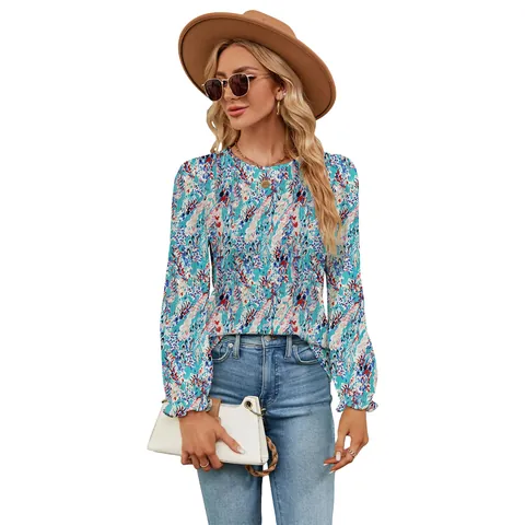 Dames Casual Bloemenprint Ronde Hals Lange Mouw Top Ruime Pasvorm Pofmouwen Rayon Polyester Spandex T-Shirt Herfst Mode