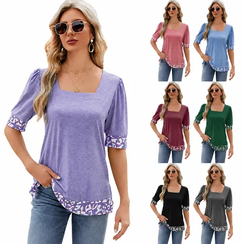 Maglietta da Donna con Scollo Quadrato e Maniche a Sbuffo Top Casual Patchwork Leopardato con Spacco Laterale Primavera Estate