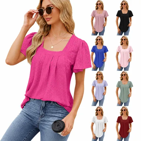 Dames Vierkante Hals Korte Mouw T-Shirt Jacquard Opengewerkt Geplooid Top Zwaluwstaartzoom Casual Rayon Mix Zomer Top