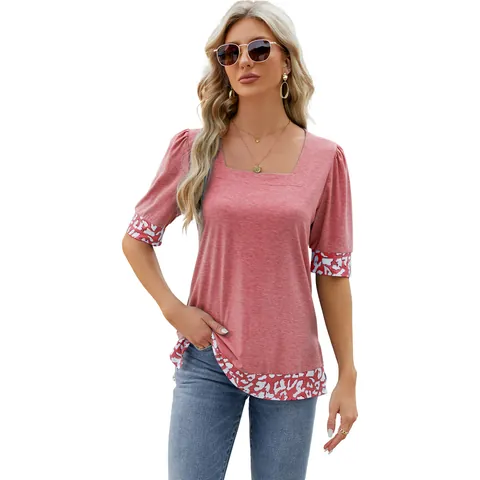 Maglietta da Donna con Scollo Quadrato e Maniche a Sbuffo Top Casual Patchwork Leopardato con Spacco Laterale Primavera Estate