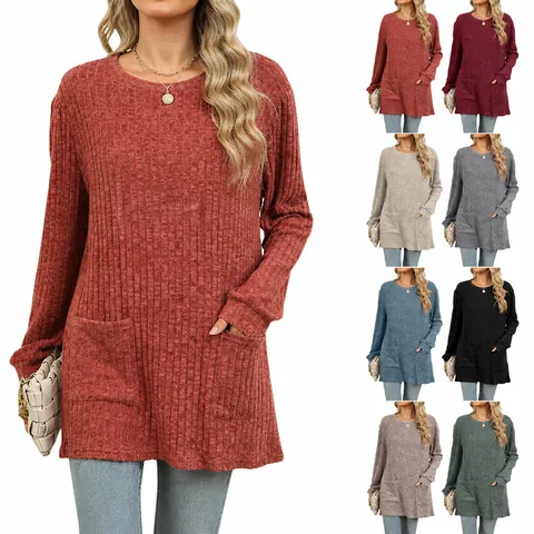 Dames Casual Ronde Hals Lange Mouw Top Met Zakken Pofmouwen Geribbelde Geborsteld Pullover Ruime Pasvorm Shirt