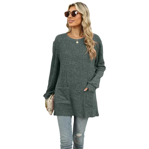 Dames Casual Ronde Hals Lange Mouw Top Met Zakken Pofmouwen Geribbelde Geborsteld Pullover Ruime Pasvorm Shirt