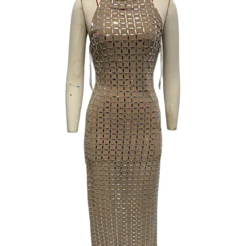 Damen Neckholder Spleißen Mesh Midi Kleid Strass Pailletten Gitter Bodycon Party Kleid Off-White Cocktailkleid 4772/264