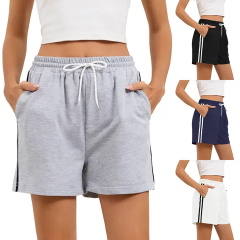 Women Casual Combed Cotton Shorts With Pockets And Drawstring Side Striped Summer Beach Sporty Hot Pants For Women
