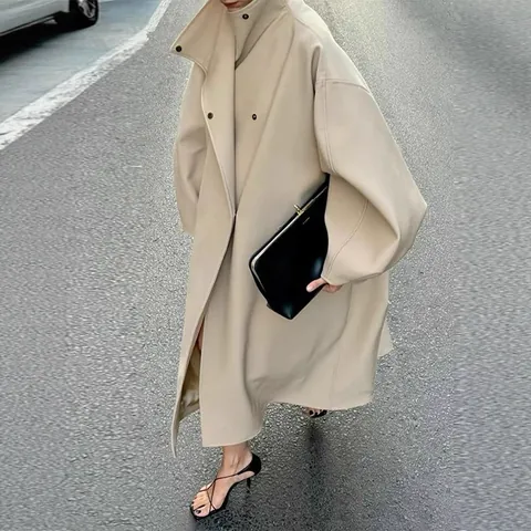 Women's Autumn Winter Long Trench Coat Stand Collar Batwing Sleeve Oversized Casual Windbreaker Minimalist Jacket Outwear