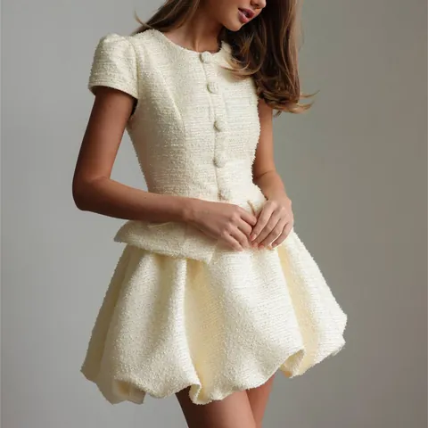 Women Elegant Tweed Skirt Set Two Piece Outfit Short Sleeve Cardigan Top And Puffy Bud Skirt Cotton Blend Office Lady Suit