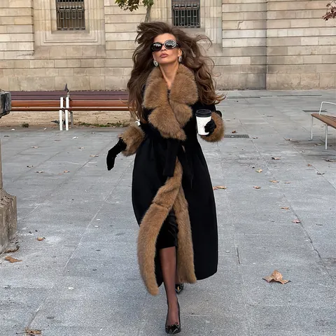 Elegant Women Long Woolen Coat With Faux Fur Trim Collar Cuffs Cinched Waist Belt Autumn Winter Warm Outerwear Overcoat