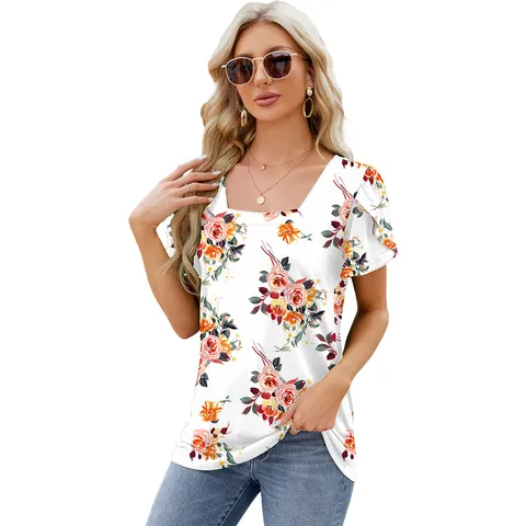 Dames Vierkante Hals Bloemblad Mouw Bloemenprint T-Shirt Losse Casual Korte Mouw Rayon Polyester Pullover Top