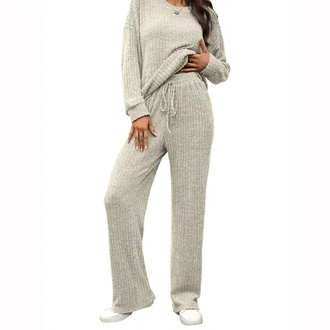 Women Casual Brushed Ribbed Knit Two Piece Top And Bottom Set Organic Cotton Crewneck Long Sleeve Pullover Drawstring Pants