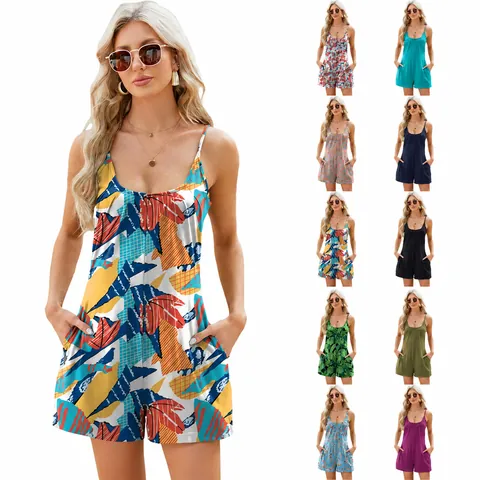Women Casual Spaghetti Strap Romper With Pockets Kapok Polyester Blend Sleeveless Loose Fit Summer Beach Playsuit Jumpsuit