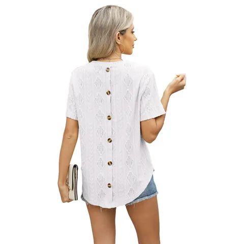 Dames Casual Korte Mouw T-shirt Jacquard Textuur Ronde Hals Achterkant Knoop Top Voor Zomer Lente Mode