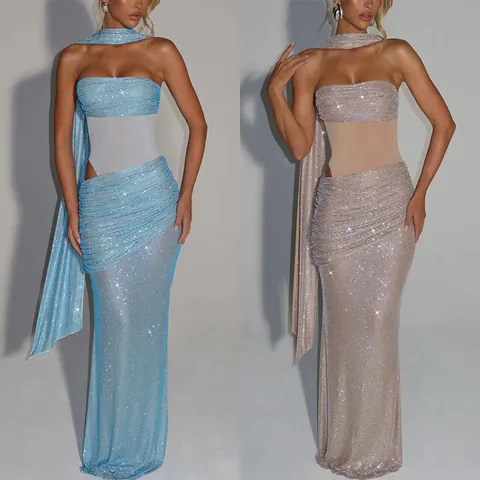 Women Elegant Sequin Tube Top Evening Dress With Streamers Patchwork Mesh Sleeveless Sexy Bodycon Long Party Banquet Dress